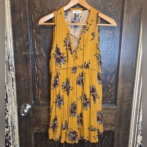 Umgee Mustard Floral Boho Sleeveless Dress Tie Front